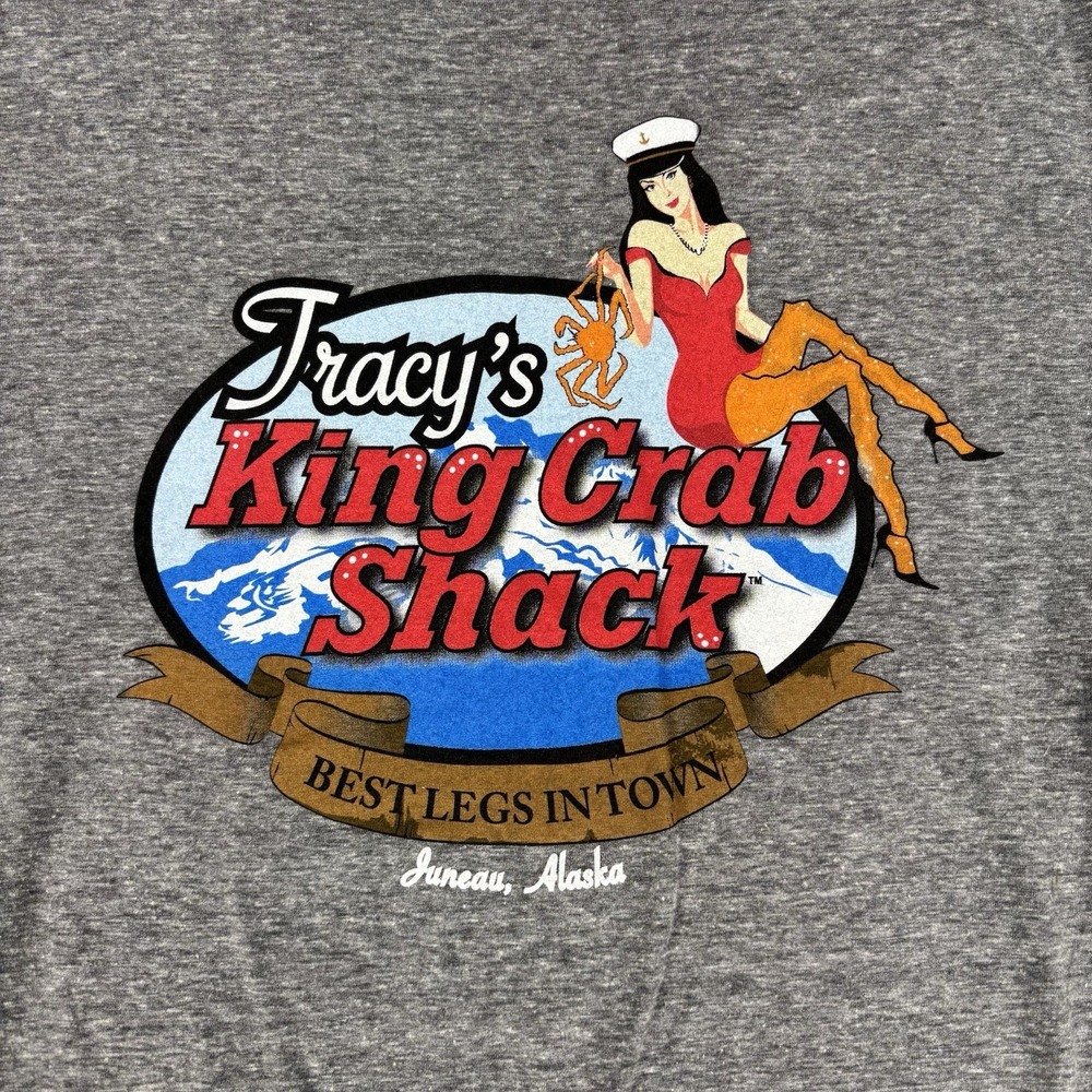 Tracy's King Crab Shack Shirt Womens Medium Gray Juneau Alaska Graphic Blue 84